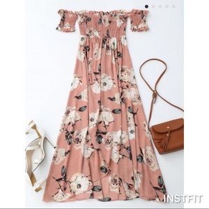 Off the shoulder shirred slit floral maxi …